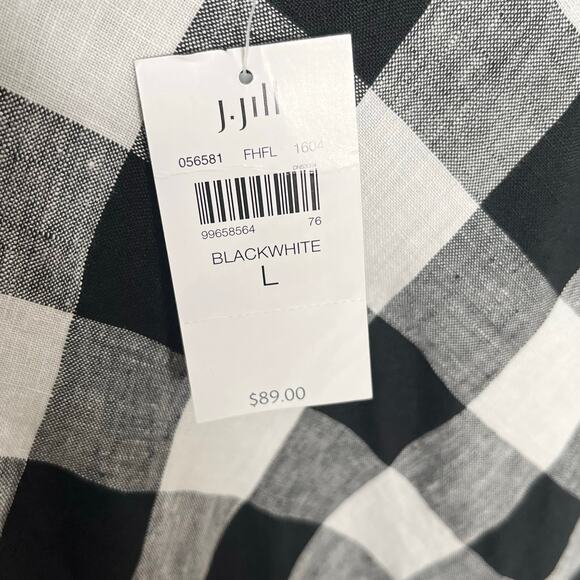 J. Jill Love Linen Pullover Top Womens Large Black Gingham Check 3/4 Sleeve - Picture 8 of 12